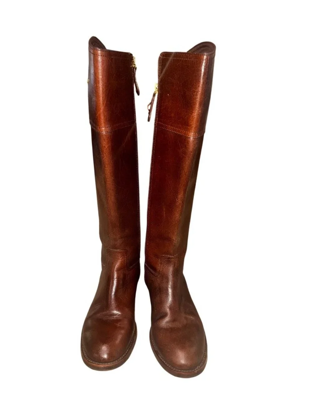 Tory Burch Kiernan Brown Leather Riding Gold Logo Boot Womens 5.5M Equestrian